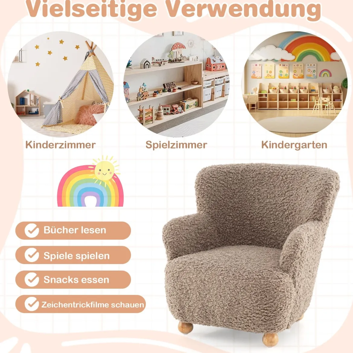 Kindersofa Kindersessel mit Rückenlehne & Holzbeinen gepolsterter Kinderstuhl Kindercouch Braun 52 x 50 x 53 cm