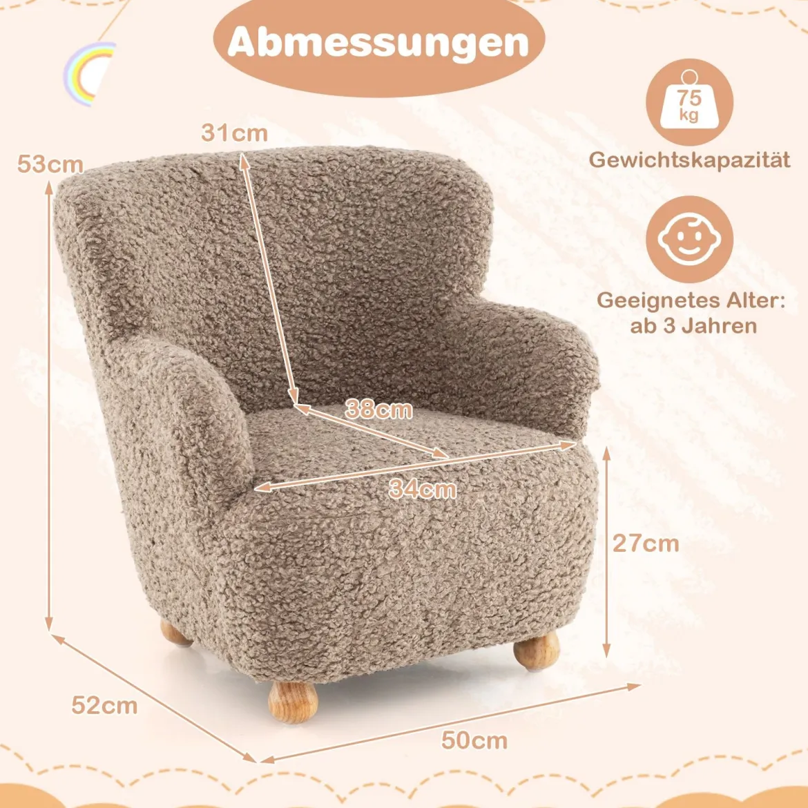 Kindersofa Kindersessel mit Rückenlehne & Holzbeinen gepolsterter Kinderstuhl Kindercouch Braun 52 x 50 x 53 cm