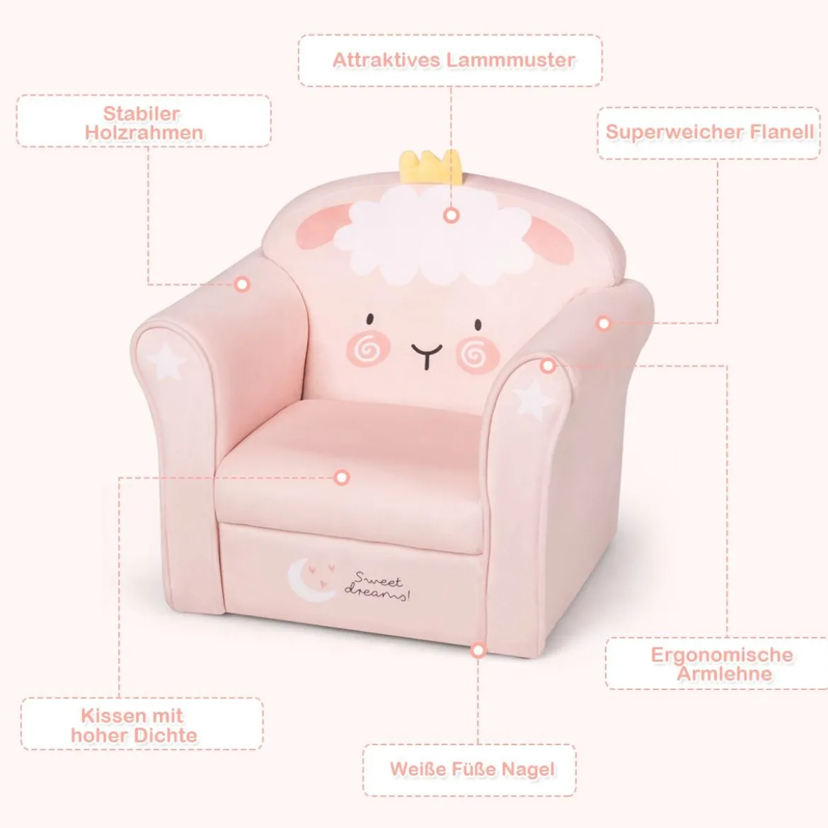 Kindersofa Kindersofa mit niedlichem Lamm-Muster Kinder Couch 51 x 37 x 43 cm Rosa