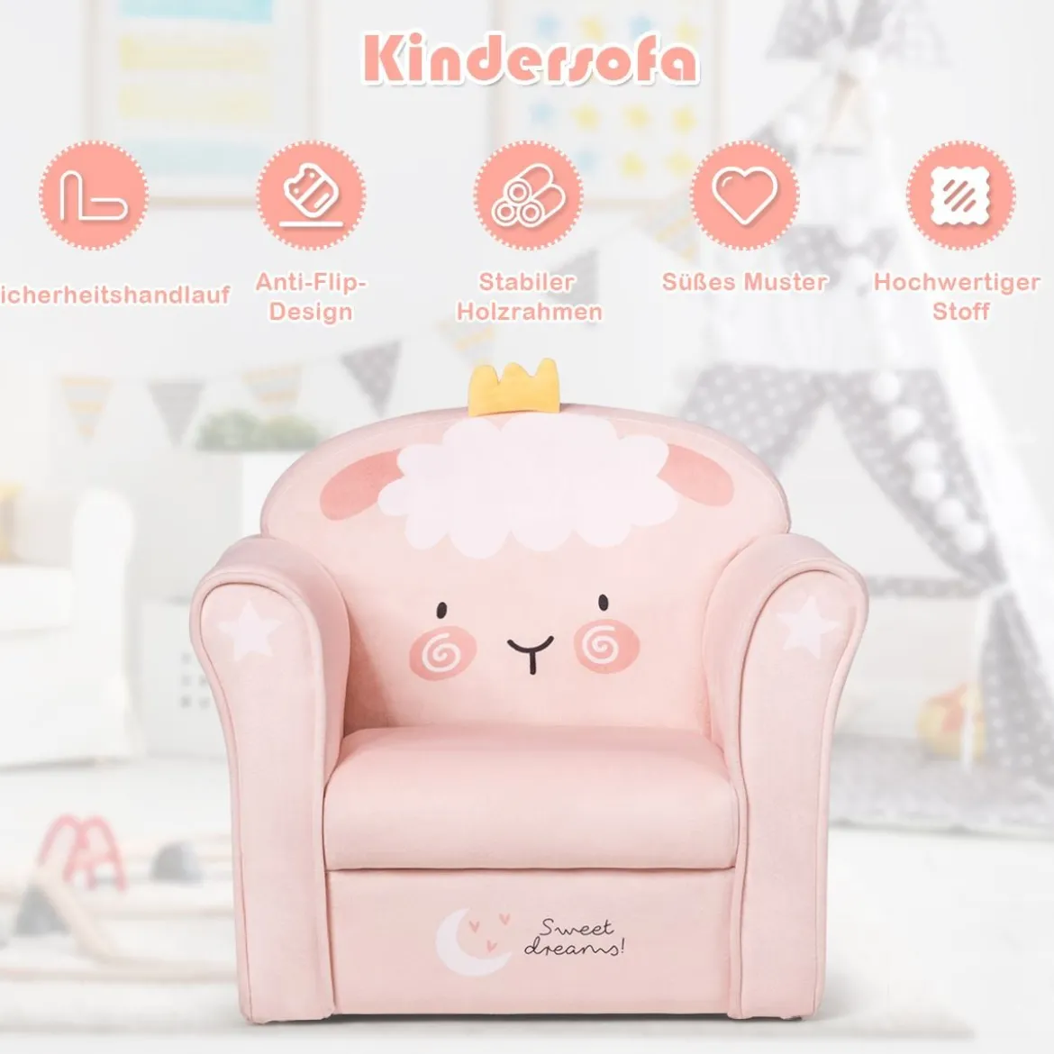 Kindersofa Kindersofa mit niedlichem Lamm-Muster Kinder Couch 51 x 37 x 43 cm Rosa
