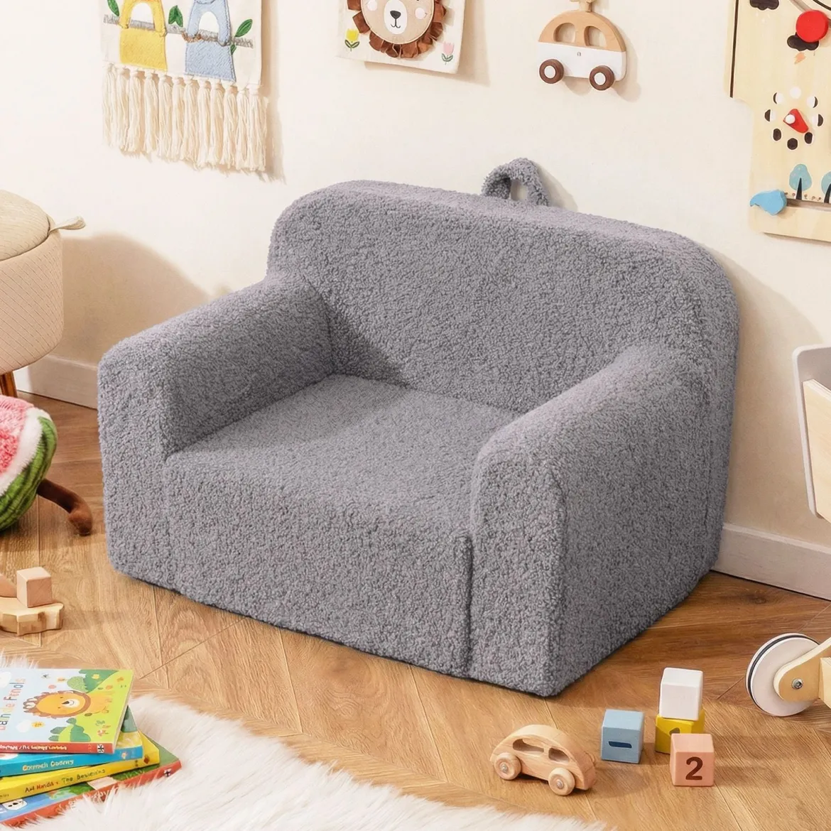 Kindersofa Mini-Sofa mit Armlehnen und Rückenlehne gepolsterter Kindersessel 62 x 40 x 41 cm Grau