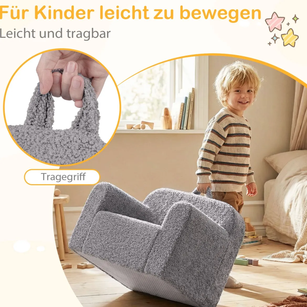 Kindersofa Mini-Sofa mit Armlehnen und Rückenlehne gepolsterter Kindersessel 62 x 40 x 41 cm Grau