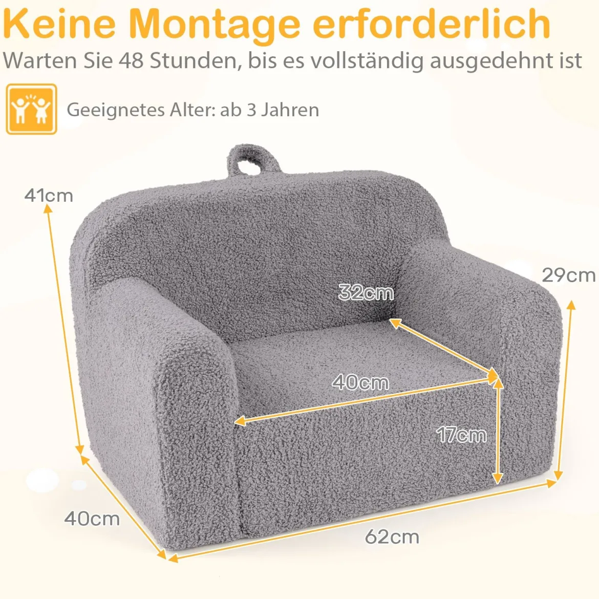 Kindersofa Mini-Sofa mit Armlehnen und Rückenlehne gepolsterter Kindersessel 62 x 40 x 41 cm Grau