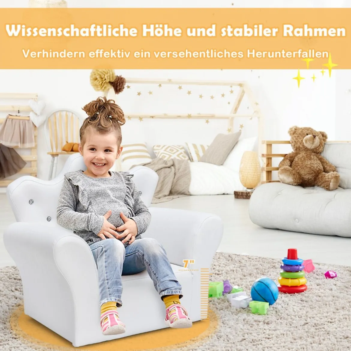 Kindersofa mit Ottomane Kindercouch in Kronenform Babysessel Prinzessinnen Sofa mit integrierten Kristallen Weiß