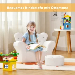 Kindersofa mit Ottomane Kindercouch in Kronenform Babysessel Prinzessinnen Sofa mit integrierten Kristallen Weiß