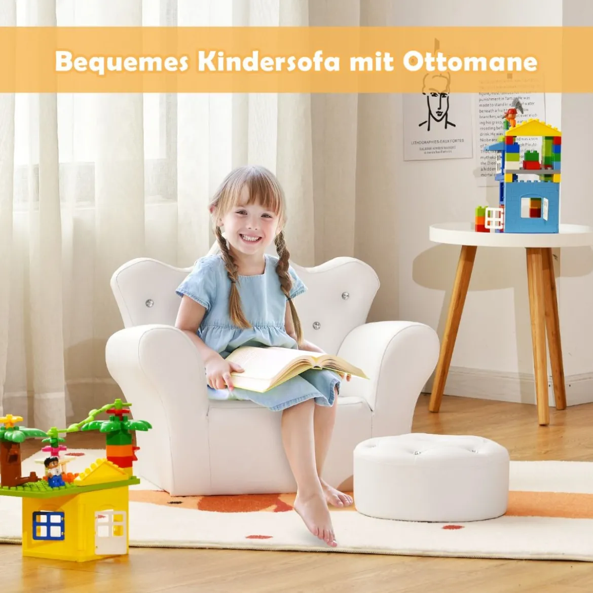 Kindersofa mit Ottomane Kindercouch in Kronenform Babysessel Prinzessinnen Sofa mit integrierten Kristallen Weiß