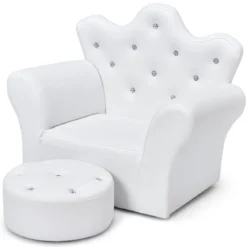 Kindersofa mit Ottomane Kindercouch in Kronenform Babysessel Prinzessinnen Sofa mit integrierten Kristallen Weiß
