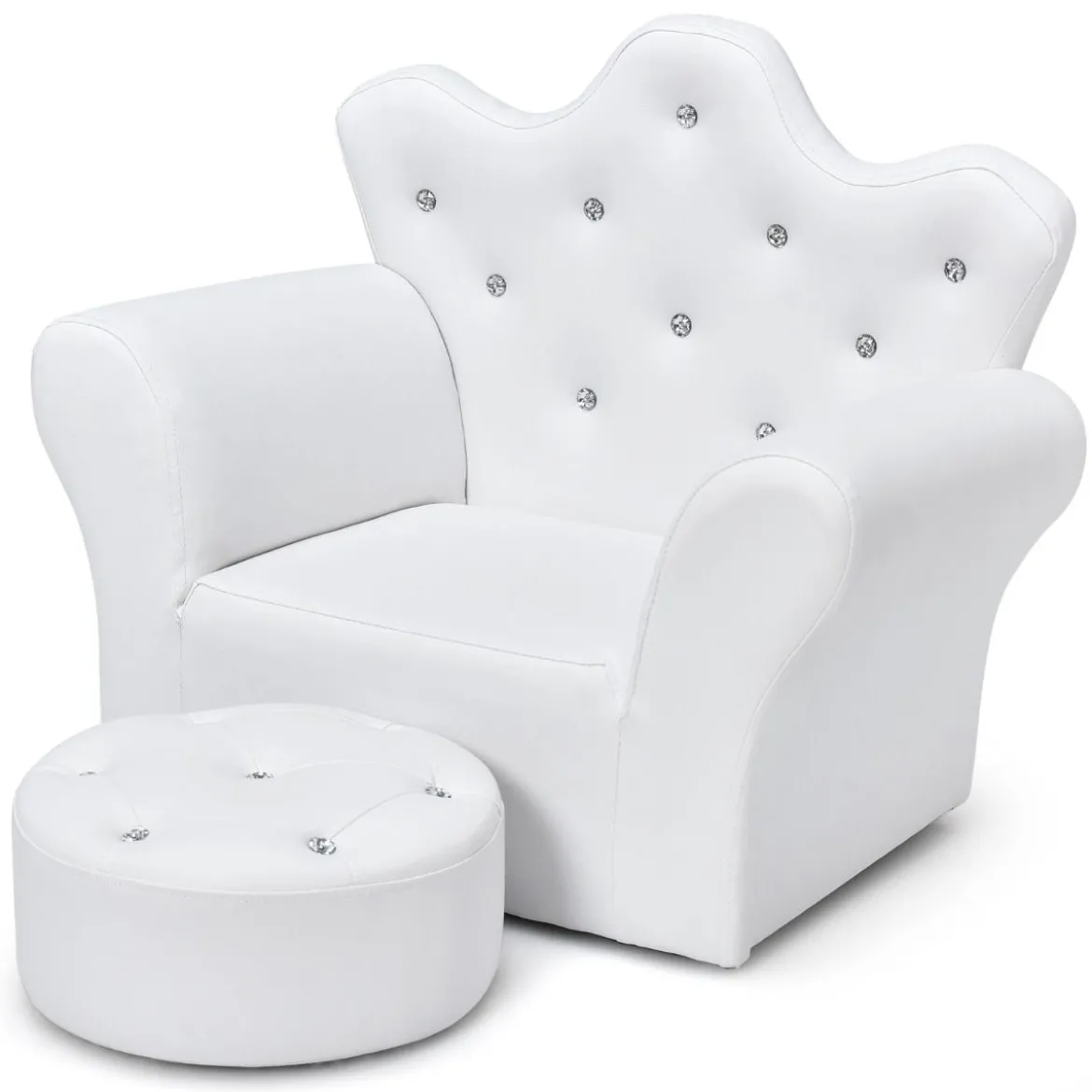 Kindersofa mit Ottomane Kindercouch in Kronenform Babysessel Prinzessinnen Sofa mit integrierten Kristallen Weiß
