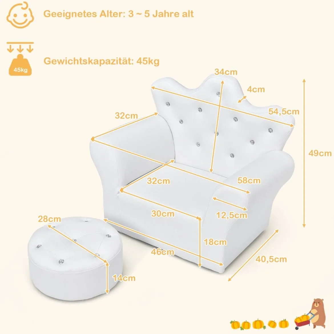 Kindersofa mit Ottomane Kindercouch in Kronenform Babysessel Prinzessinnen Sofa mit integrierten Kristallen Weiß