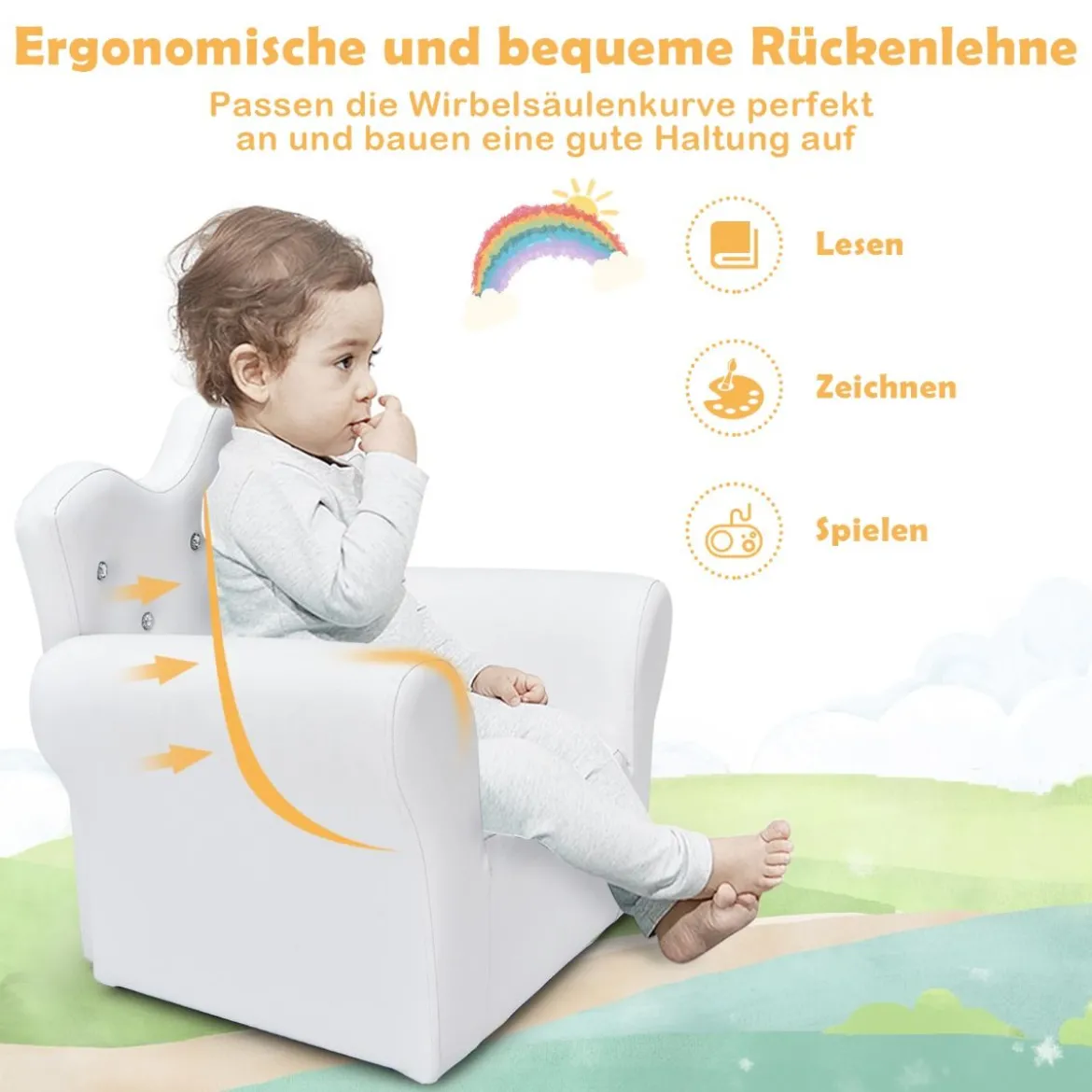 Kindersofa mit Ottomane Kindercouch in Kronenform Babysessel Prinzessinnen Sofa mit integrierten Kristallen Weiß