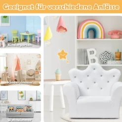 Kindersofa mit Ottomane Kindercouch in Kronenform Babysessel Prinzessinnen Sofa mit integrierten Kristallen Weiß