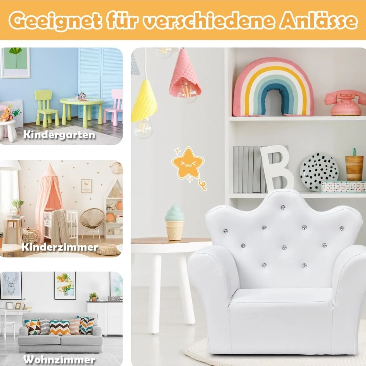 Kindersofa mit Ottomane Kindercouch in Kronenform Babysessel Prinzessinnen Sofa mit integrierten Kristallen Weiß