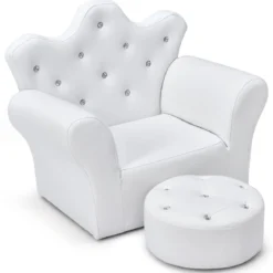 Kindersofa mit Ottomane Kindercouch in Kronenform Babysessel Prinzessinnen Sofa mit integrierten Kristallen Weiß