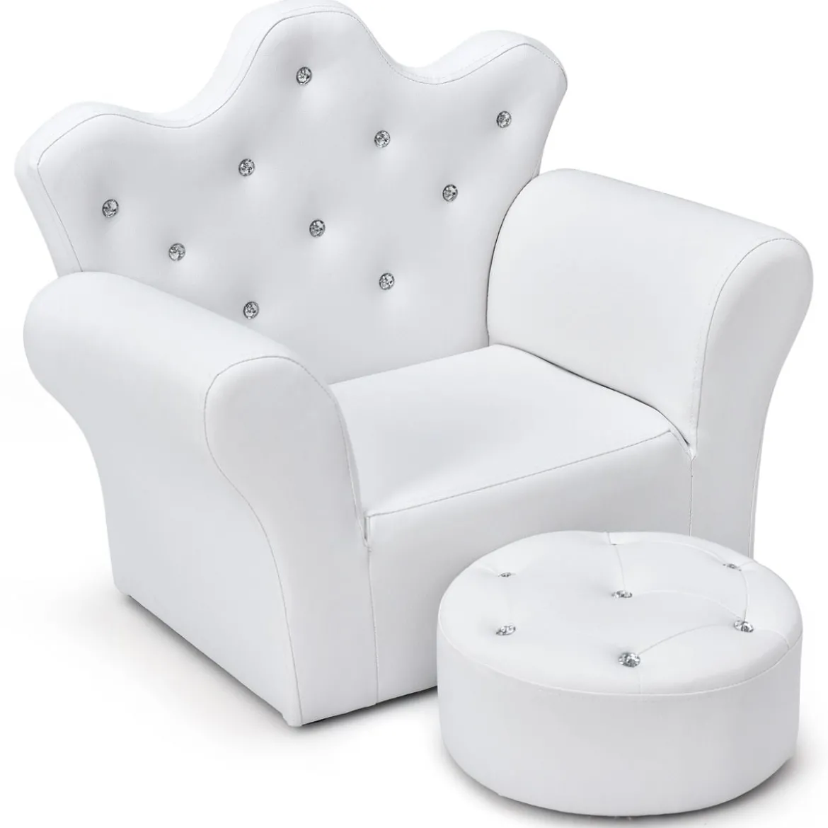 Kindersofa mit Ottomane Kindercouch in Kronenform Babysessel Prinzessinnen Sofa mit integrierten Kristallen Weiß