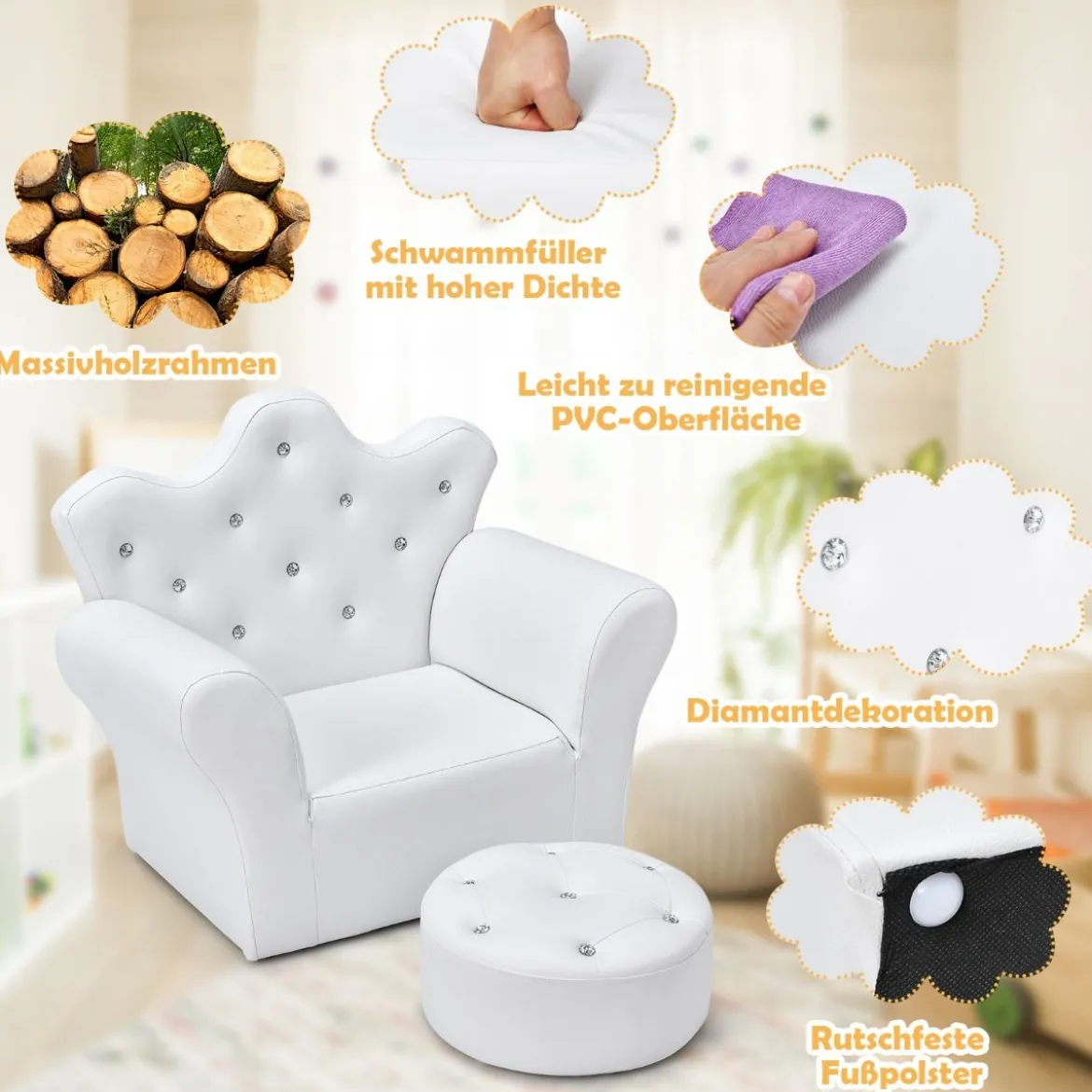 Kindersofa mit Ottomane Kindercouch in Kronenform Babysessel Prinzessinnen Sofa mit integrierten Kristallen Weiß