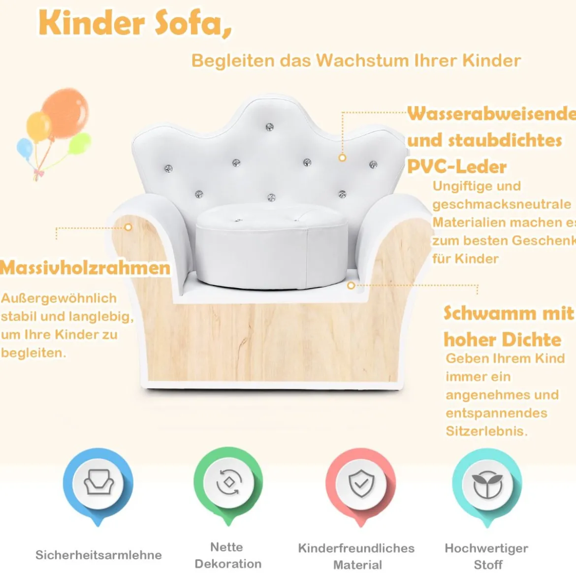Kindersofa mit Ottomane Kindercouch in Kronenform Babysessel Prinzessinnen Sofa mit integrierten Kristallen Weiß