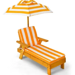 Kinder Sonnenliege mit Sonnenschirm Kinderliege Holz 92 x 49 x 106 cm Gelb + Weiß