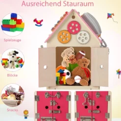 Kinder Spielhaus aus Holz mit Sinnesspielen und Stauraum für Kinder ab 3 J. Rosa