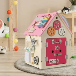 Kinder Spielhaus aus Holz mit Sinnesspielen und Stauraum für Kinder ab 3 J. Rosa