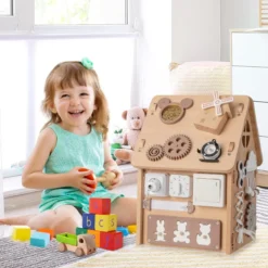 Kinder Spielhaus aus Holz Sensorisches Spielhaus mit Sinnesspielen & Stauraum für Kinder ab 3 J.