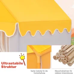 Kinderspielhaus mit Massivholzrahmen & Baumwolldecke Kinderzelt Grau + Gelb