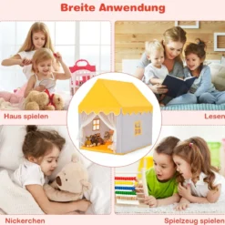 Kinderspielhaus mit Massivholzrahmen & Baumwolldecke Kinderzelt Grau + Gelb