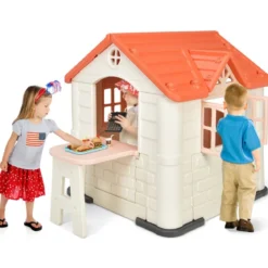 Kinder Spielhaus 164 x 124 x 132 cm Outdoor Kinderhäuschen mit Pickniktisch Rosa