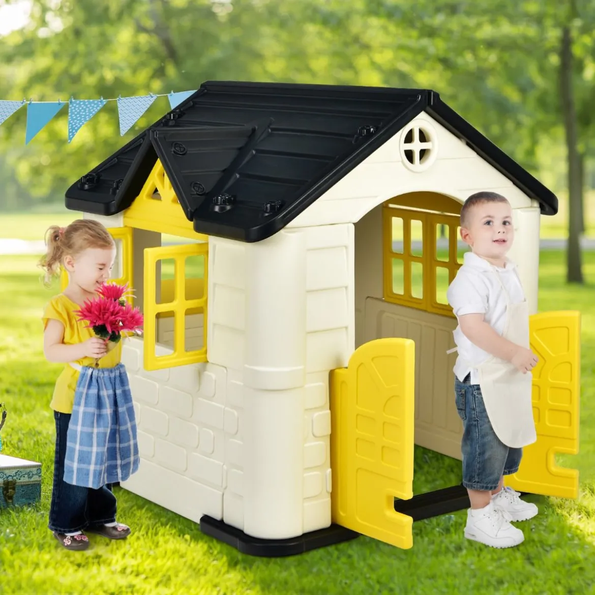 Kinder Spielhaus 164 x 124 x 132 cm Outdoor Kinderhäuschen mit Pickniktisch Gelb
