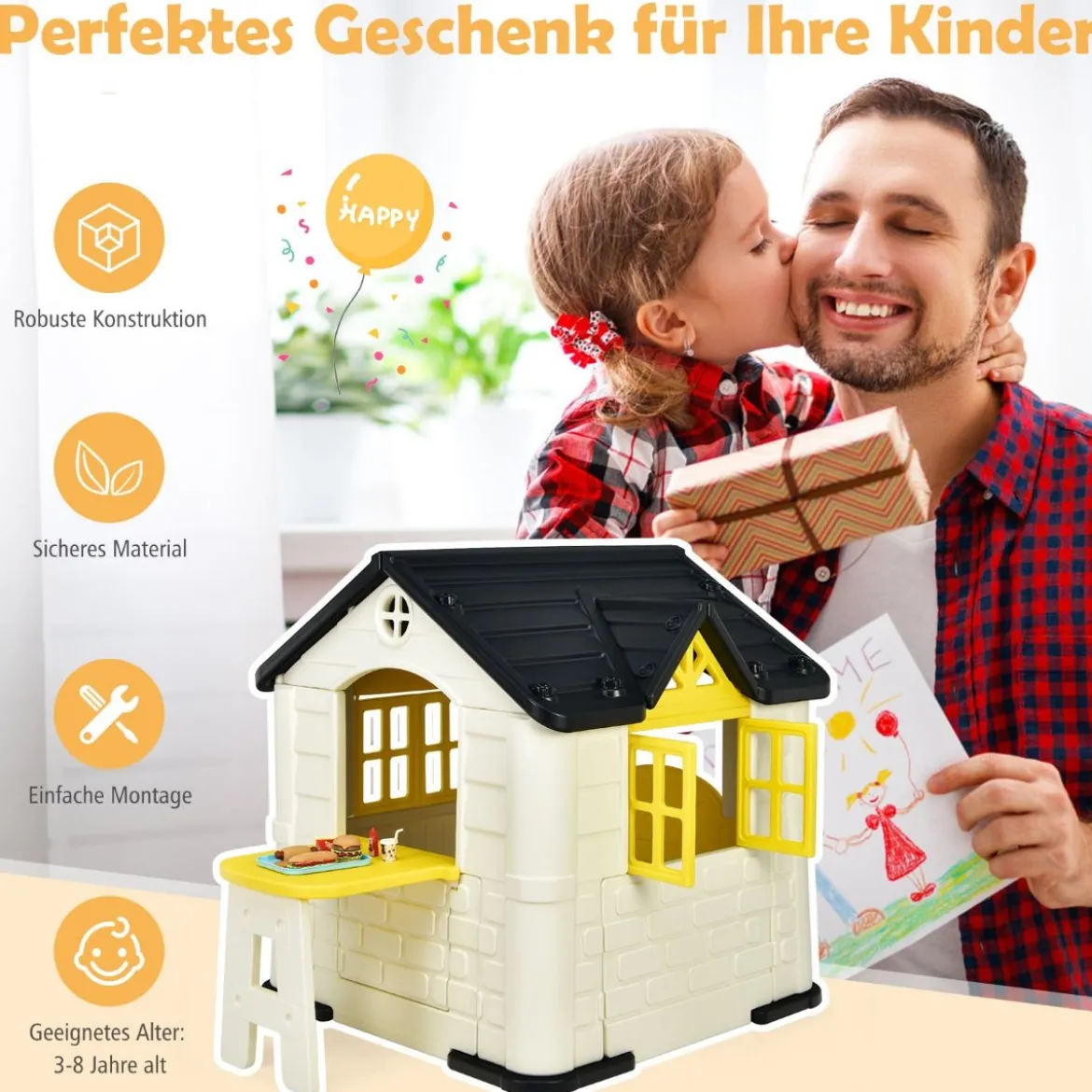 Kinder Spielhaus 164 x 124 x 132 cm Outdoor Kinderhäuschen mit Pickniktisch Gelb