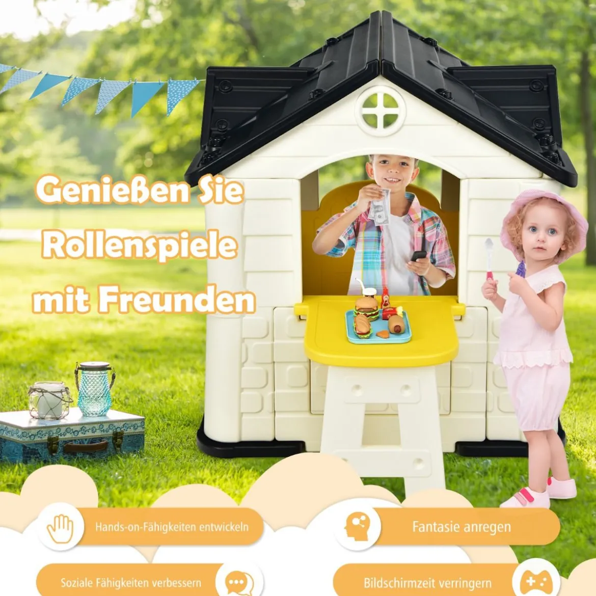Kinder Spielhaus 164 x 124 x 132 cm Outdoor Kinderhäuschen mit Pickniktisch Gelb