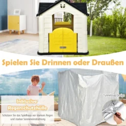 Kinder Spielhaus 164 x 124 x 132 cm Outdoor Kinderhäuschen mit Pickniktisch Gelb