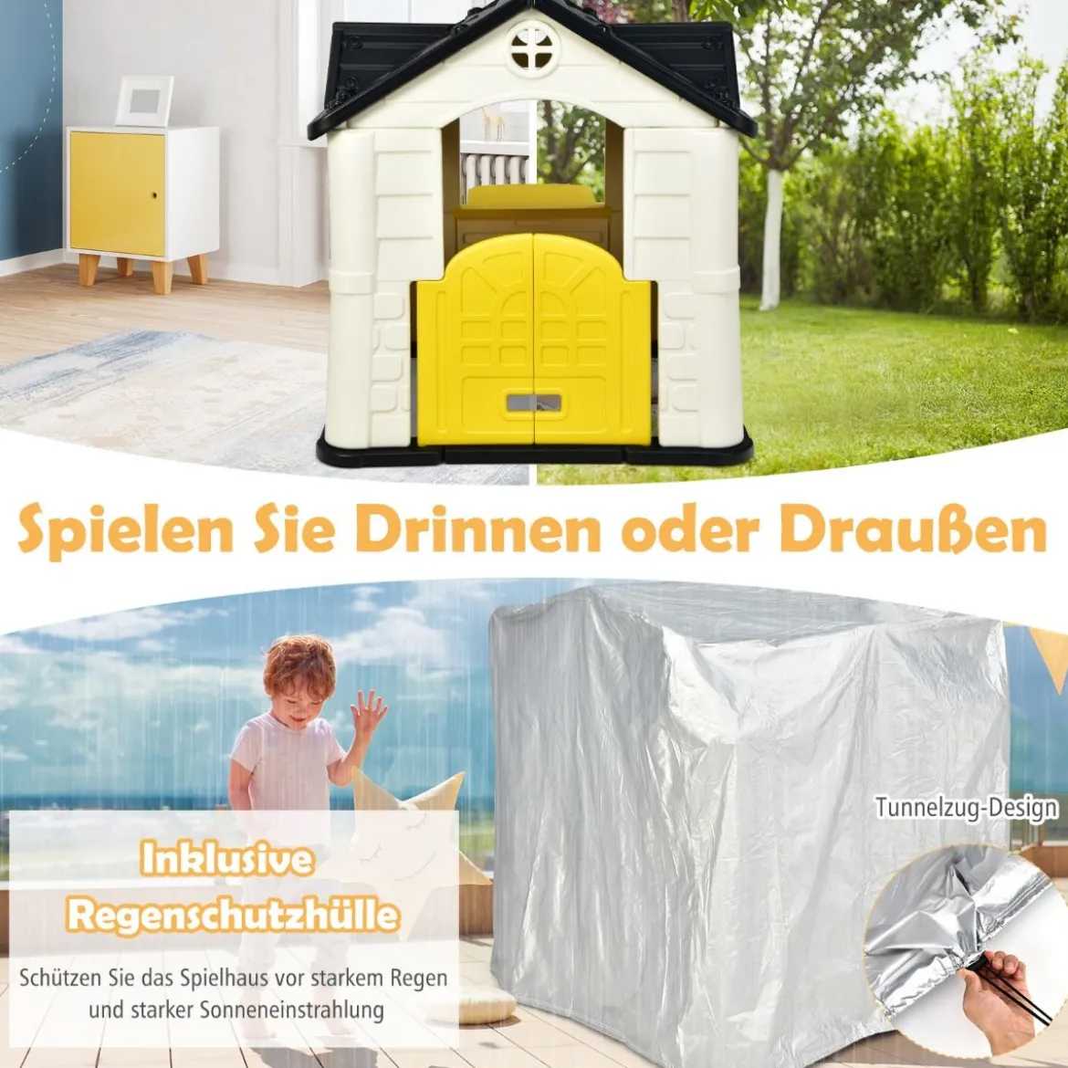 Kinder Spielhaus 164 x 124 x 132 cm Outdoor Kinderhäuschen mit Pickniktisch Gelb