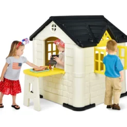 Kinder Spielhaus 164 x 124 x 132 cm Outdoor Kinderhäuschen mit Pickniktisch Gelb