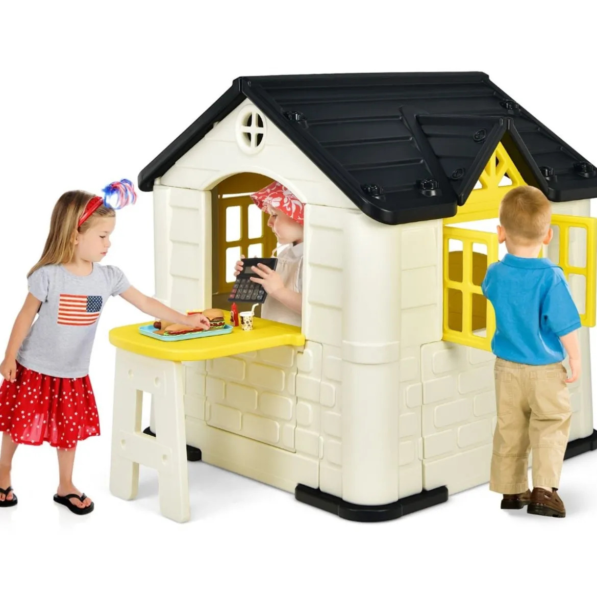 Kinder Spielhaus 164 x 124 x 132 cm Outdoor Kinderhäuschen mit Pickniktisch Gelb