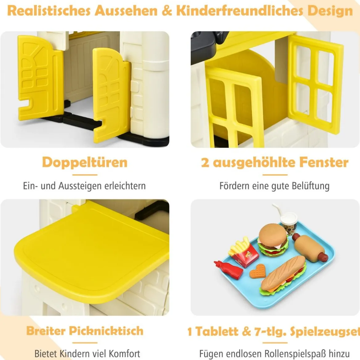 Kinder Spielhaus 164 x 124 x 132 cm Outdoor Kinderhäuschen mit Pickniktisch Gelb