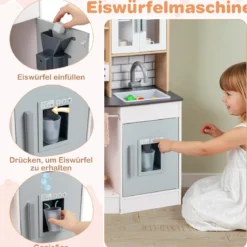 Kinder Spielküche aus Holz Spielküche mit Licht Sound Herd Spüle Dunstabzugshaube Eismaschine Grau