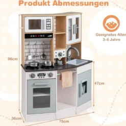 Kinder Spielküche aus Holz Spielküche mit Licht Sound Herd Spüle Dunstabzugshaube Eismaschine Grau