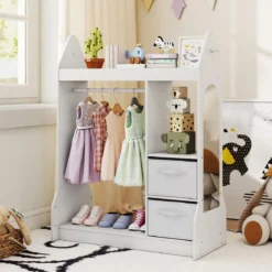 Kinderspiel-Kleiderschrank Spielzeug-Verkleidungscenter für Kinder mit Acrylspiegel Kleiderbügel Weiß
