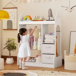 Kinderspiel-Kleiderschrank Spielzeug-Verkleidungscenter für Kinder mit Acrylspiegel Kleiderbügel Weiß
