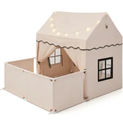 Kinderspielzelt mit Zusätzlichem Hinterhof Kinderspielhaus mit Gepolsterter Matte Beige + Grau