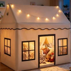 Kinderspielzelt mit Zusätzlichem Hinterhof Kinderspielhaus mit Gepolsterter Matte Beige + Grau