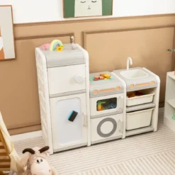 Kinder Spielzeugschrank mit Magnetischem Whiteboard & Abnehmbarem Waschbecken & Wasserhahn