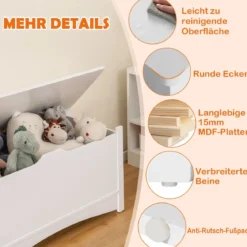 Kinder Spielzeugtruhe aus Holz 2 in 1 Spielzeugkiste & Sitzbank mit aufklappbarem Deckel Weiß