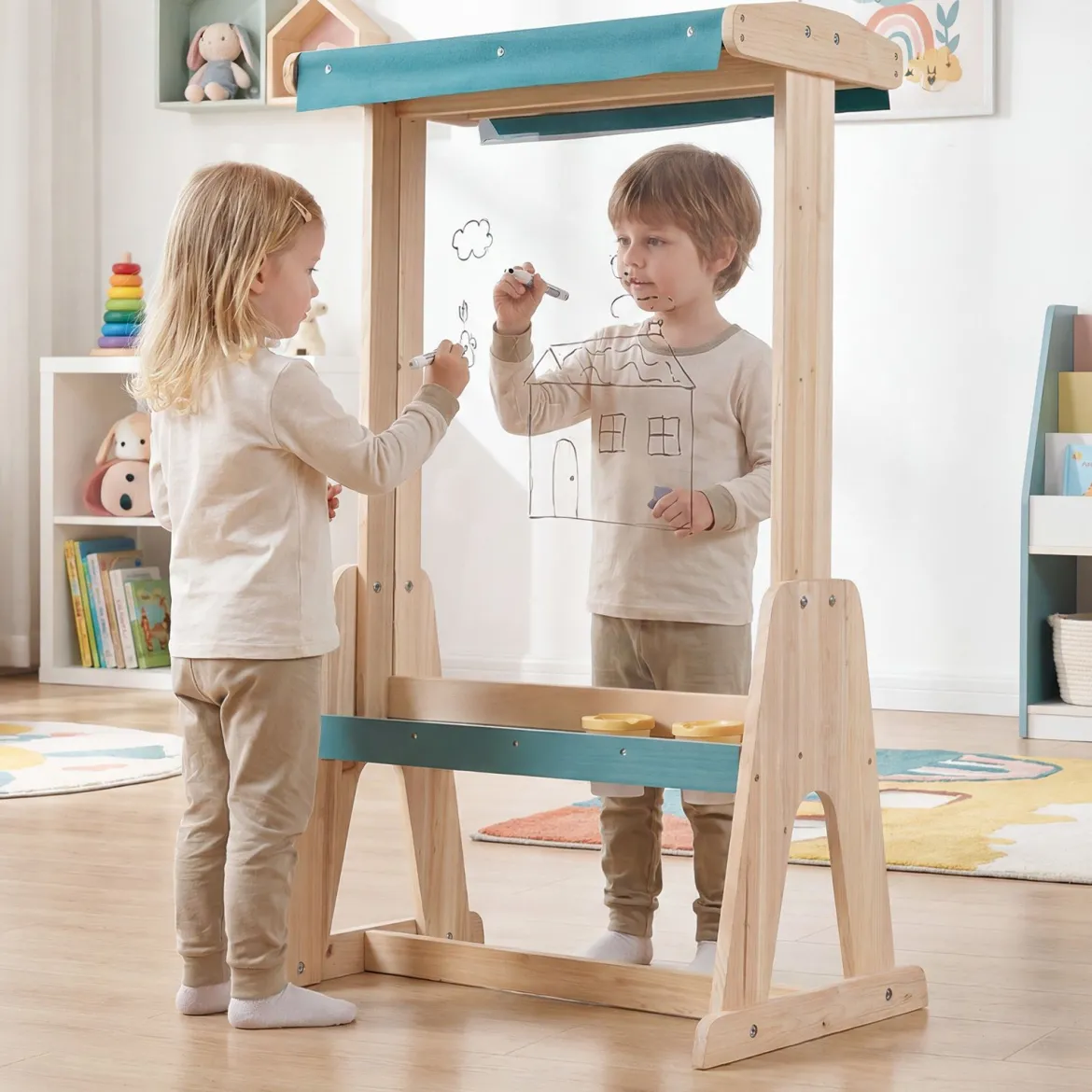 Kinderstaffelei aus Holz Staffelei mit Doppelseitiger Transparenter Malplatte & Sonnendach