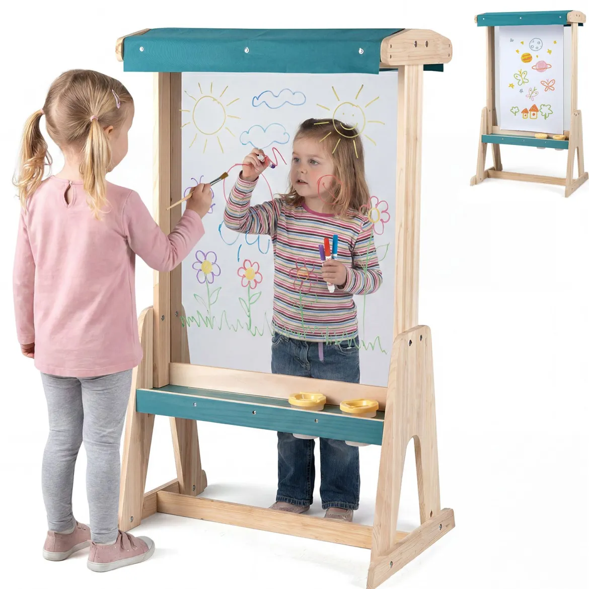 Kinderstaffelei aus Holz Staffelei mit Doppelseitiger Transparenter Malplatte & Sonnendach