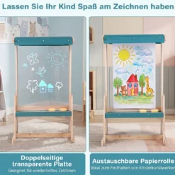Kinderstaffelei aus Holz Staffelei mit Doppelseitiger Transparenter Malplatte & Sonnendach