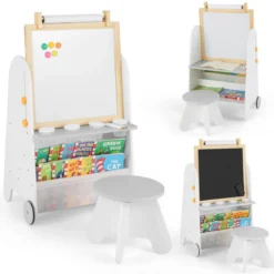 Kinder Staffelei mit Hocker 4-in-1 Kindertafel mit Magnettafel Schultafel Weiß