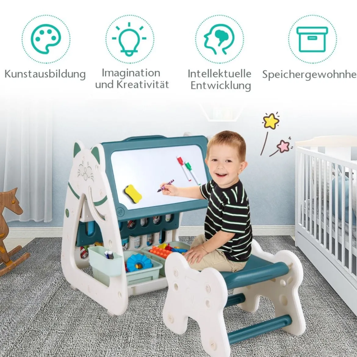 Kinderstaffelei mit Hocker 3-in-1-doppelseitige Tafel mit umgedrehtem Schreibtisch 56 x 54 x 63 cm