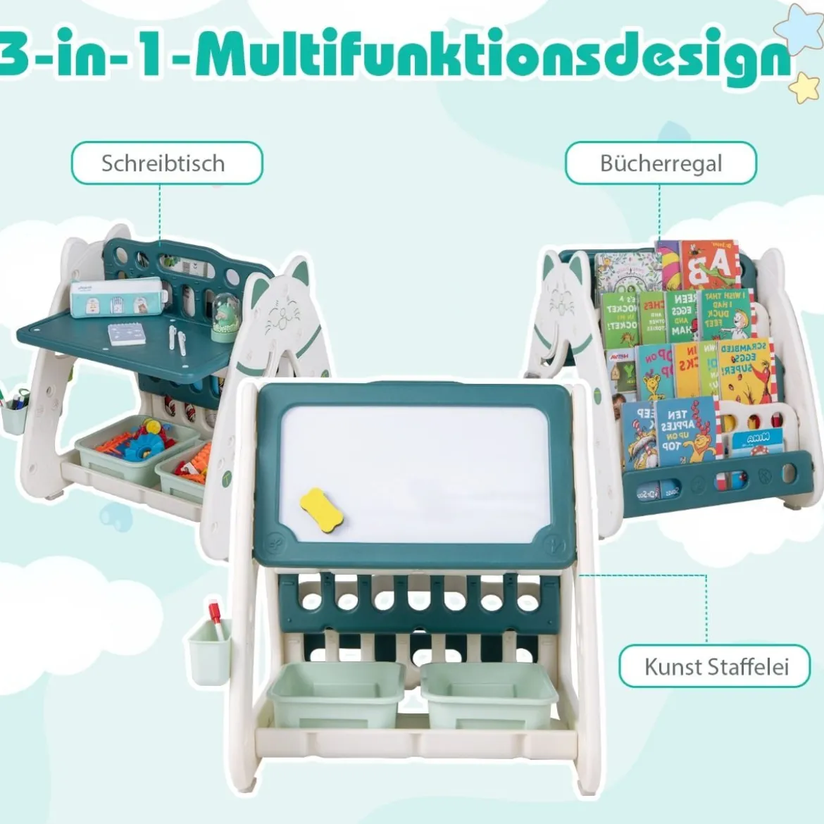 Kinderstaffelei mit Hocker 3-in-1-doppelseitige Tafel mit umgedrehtem Schreibtisch 56 x 54 x 63 cm
