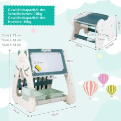 Kinderstaffelei mit Hocker 3-in-1-doppelseitige Tafel mit umgedrehtem Schreibtisch 56 x 54 x 63 cm